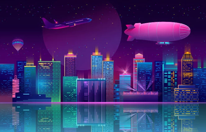 未来科技科幻霓虹灯渐变绚丽城市建筑夜景灯光插画AI/PSD设计素材100套【071】